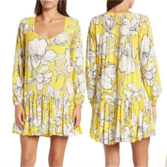WALTER BAKER Lilith Relaxed Long Sleeve Mini Dress in Yellow Floral Print Size L - Picture 2 of 10